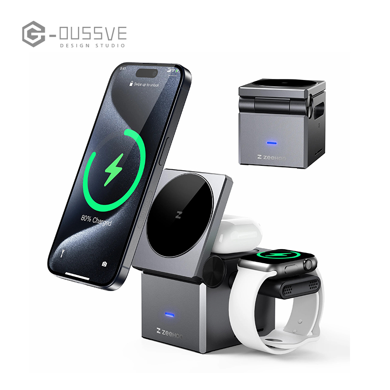 G-OUSSVE｜3 in1 Wireless Charger  MagCube, 15w Fast Charging for  iPhone 15 Pro 14 13 12 Max/Mini/Plus,for Apple Watch9 8 7 6 5 4 3 2 SE, for AirPods Pro 3 2, Compact & Portable Wireless Charging Station, Fits with Qi2 Wireless Charging Smartphone &  Earbu