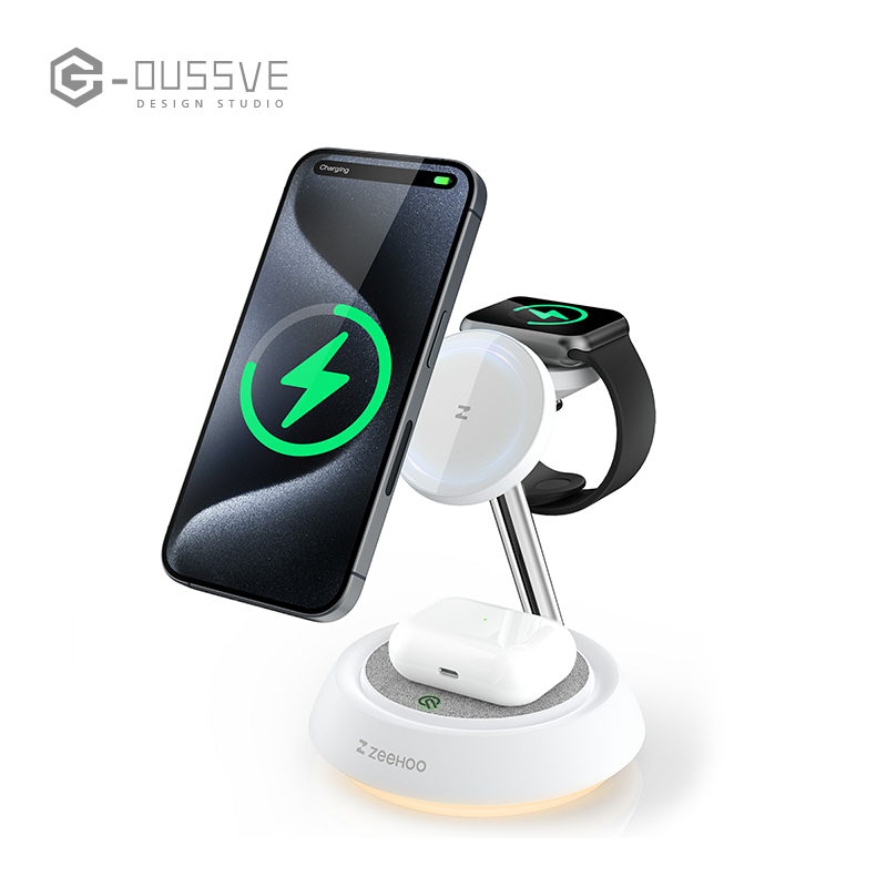 G-OUSSVE｜3 in 1 Wireless Charging Station, Wireless Charger Stand with Night Light, Fast Charging for iPhone 15 Pro 14 13 12 Max/Mini/Plus, for Apple Watch & AirPods &Earbuds,Portable Wireless Charger for Apple Series,Cellphone & Smartphpne Charger