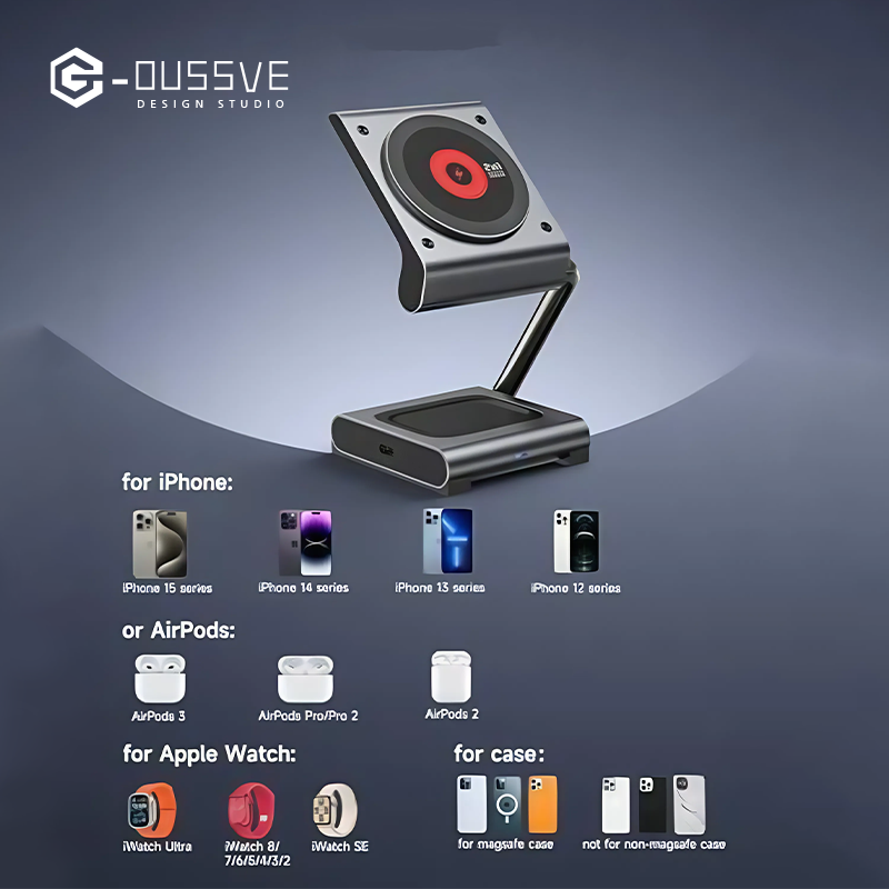G-OUSSVE |  Magsafe Magnetic Wireless Charger Qi Folding Stand Suitable for Apple 16 iPhone 15 Pro 2-in-1 Expansion Phone Earphones Watch 3-in-1 27W Fast Charging Base Portable