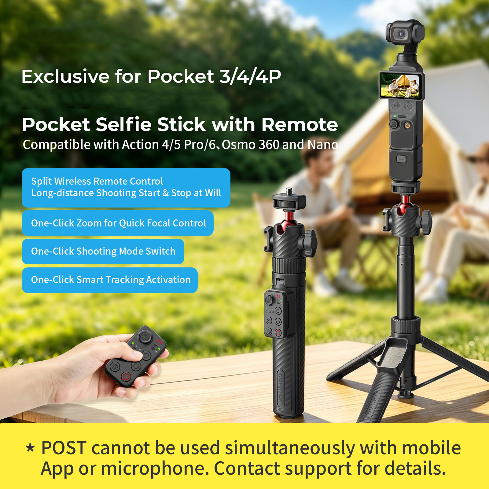 G-OUSSVE Remote-Control Selfie Stick & Tripod for Pocket and Action Cameras, 66cm Extension Pole with Detachable Remote