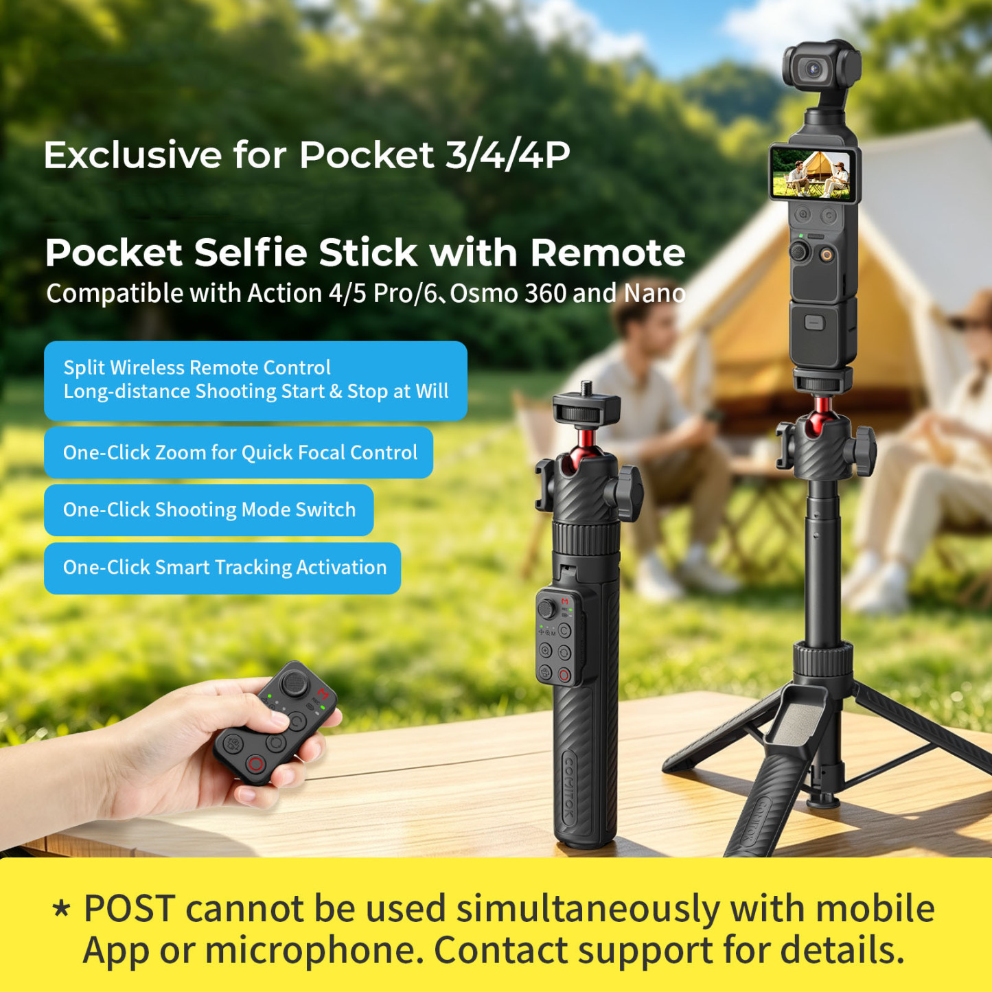 G-OUSSVE Remote-Control Selfie Stick & Tripod for Pocket and Action Cameras, 66cm Extension Pole with Detachable Remote