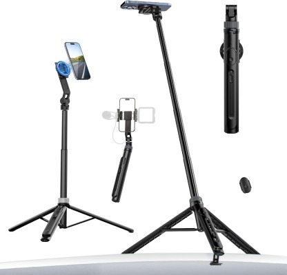 G-OUSSVE | TT88 Magnetic Tripod for iPhone 17, 57" Extendable Selfie Stick w Remote, 2-in-1 Phone Clip & Dual Cold Shoe Mounts-Lightweight Phone Tripod Stand for Vlogging, Travel, Video Recording