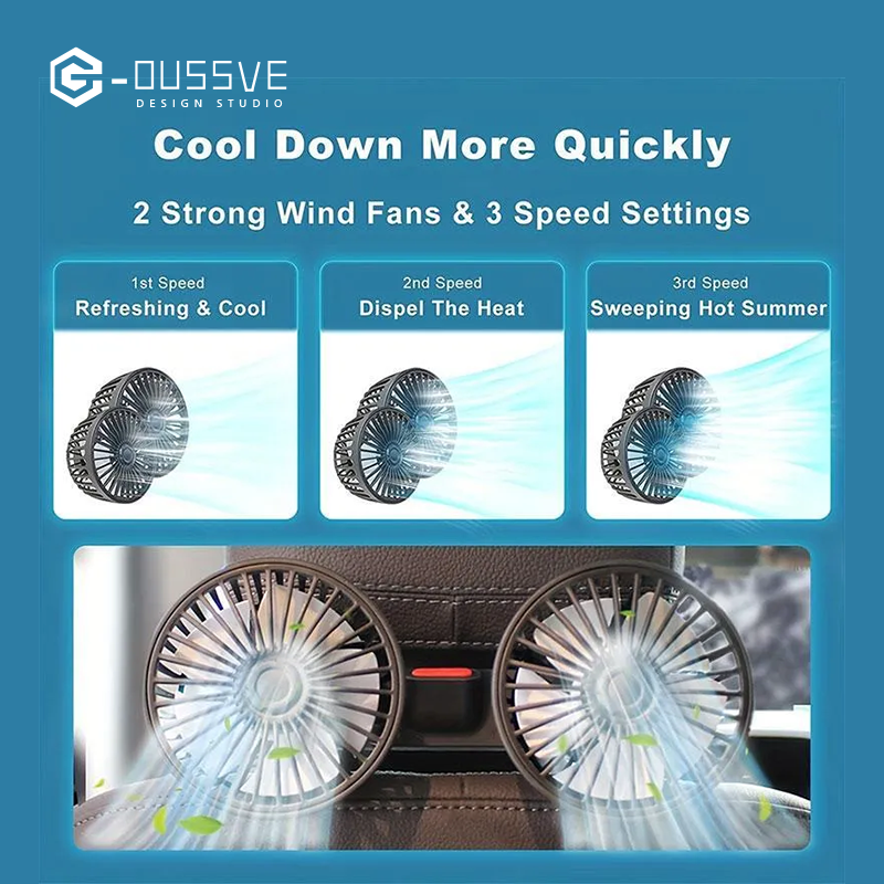 G-OUSSVE | Mother's Day Gift, Adjustable Car Backseat Fan, 1 Count Summer Essential Double-head Electric Fan with Seat Clip, Strong Wind Rear Seat Back 360 Degrees Rotation Large Air Volume Fan, Men Gifts