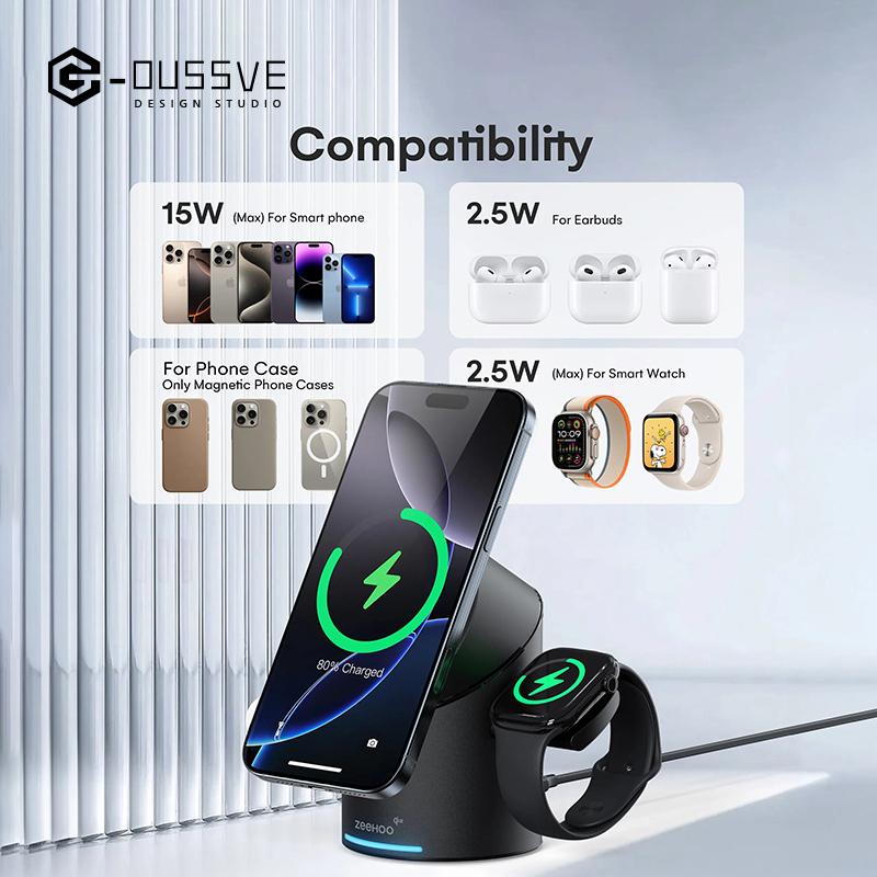 G-OUSSVE｜Cylindrical 3in1 Magnetic Wireless Charging Station with 30W Charger: All-in-One Charger for iPhone 16 Pro 15 14 13 Max/PIus, Samsung S24/S24/S22/S21,Pixel, Apple Watch & Smart Watch,AirPods & Earbuds, 15W Qi2 Fast Charging