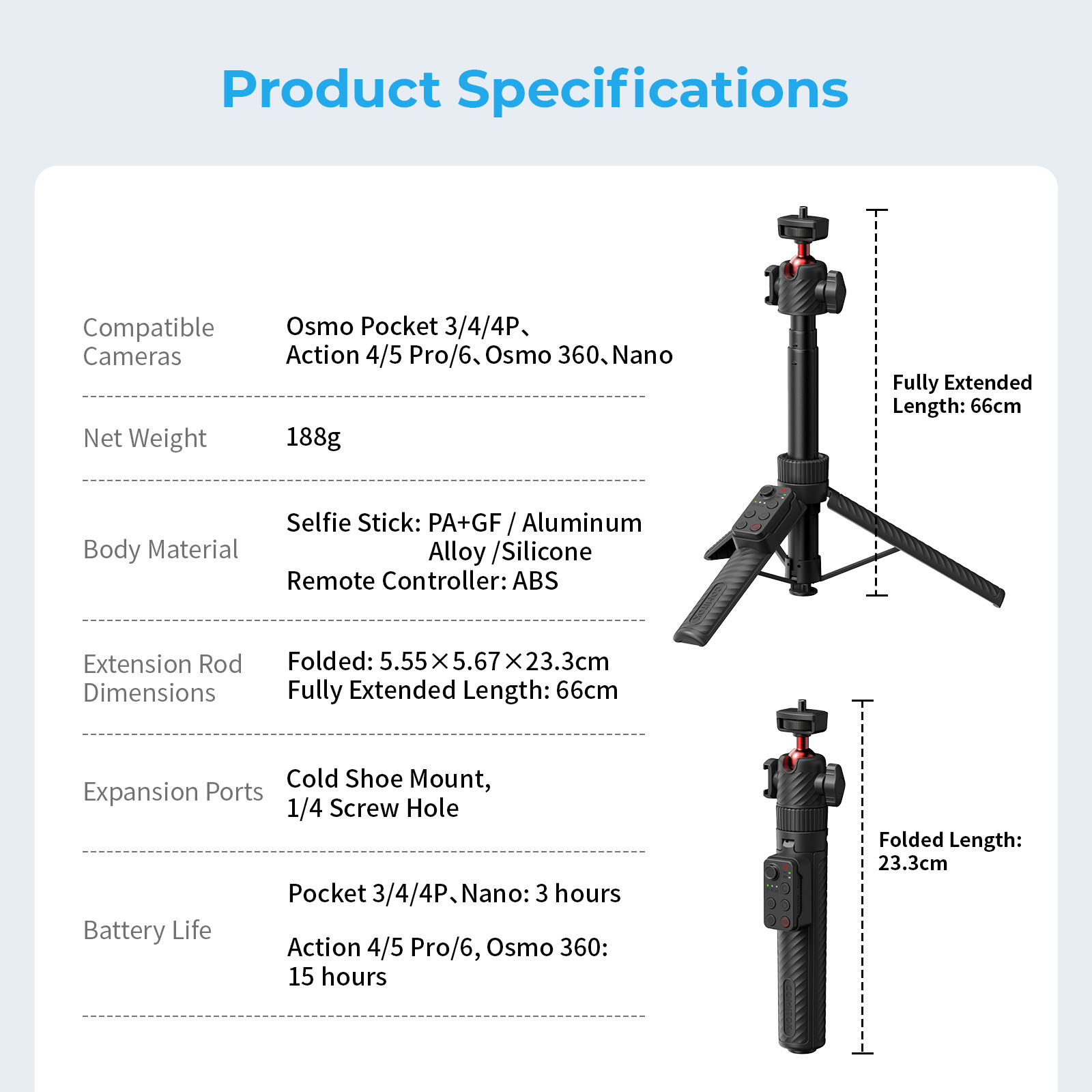 G-OUSSVE Remote-Control Selfie Stick & Tripod for Pocket and Action Cameras, 66cm Extension Pole with Detachable Remote