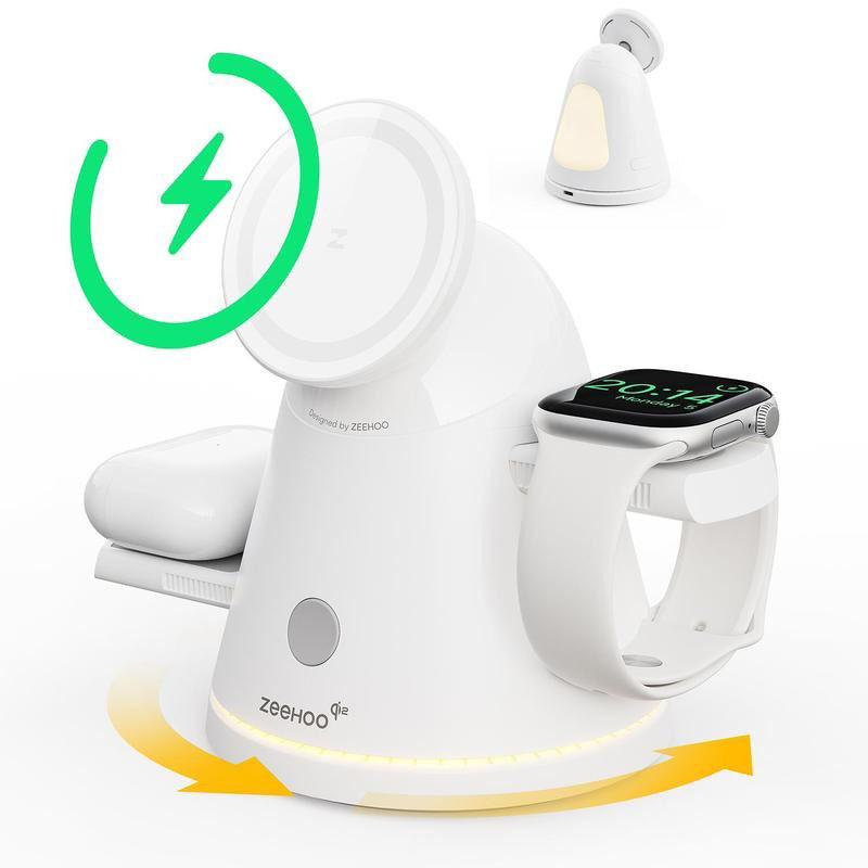 G-OUSSVE 4-in-1 Wireless Charging Station for Apple, 15W Qi2 Mag-safe Charger with Dimmable Light & 360° Rotating Phone Stand, Fast Charger for iPhone 16–12, AirPods, Apple Watch & Samsung Watch