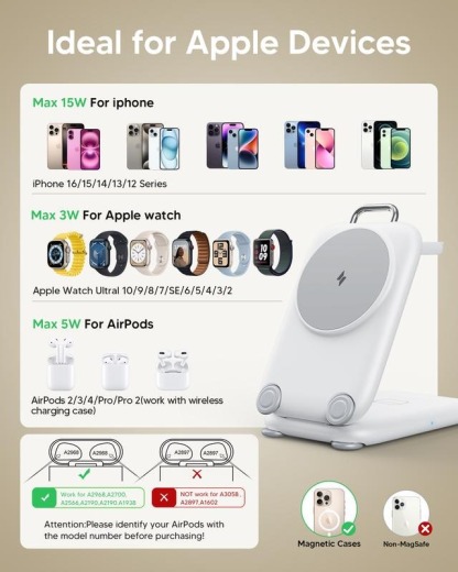 G-OUSSVE | Traveling Fast Wireless Charging Station for Apple Devices, Magnetic 3 in 1 Travel MagSafe Charger Stand for iPhone 17 16 15 14 13 12 Pro Max Plus, Apple Watch& Air pods 4 3 2 Pro