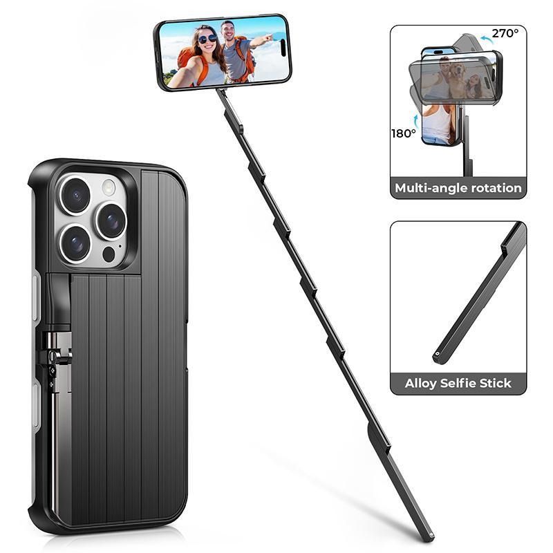 G-OUSSVE | Concert Phone Case with Selfie Stick 3-in-1 Foldable iPhone Case Slim Vertical Design Rotatable Mount Bluetooth Remote Shooting Multi-Angle Rotation Folding Stand for Travel & Vlogging
