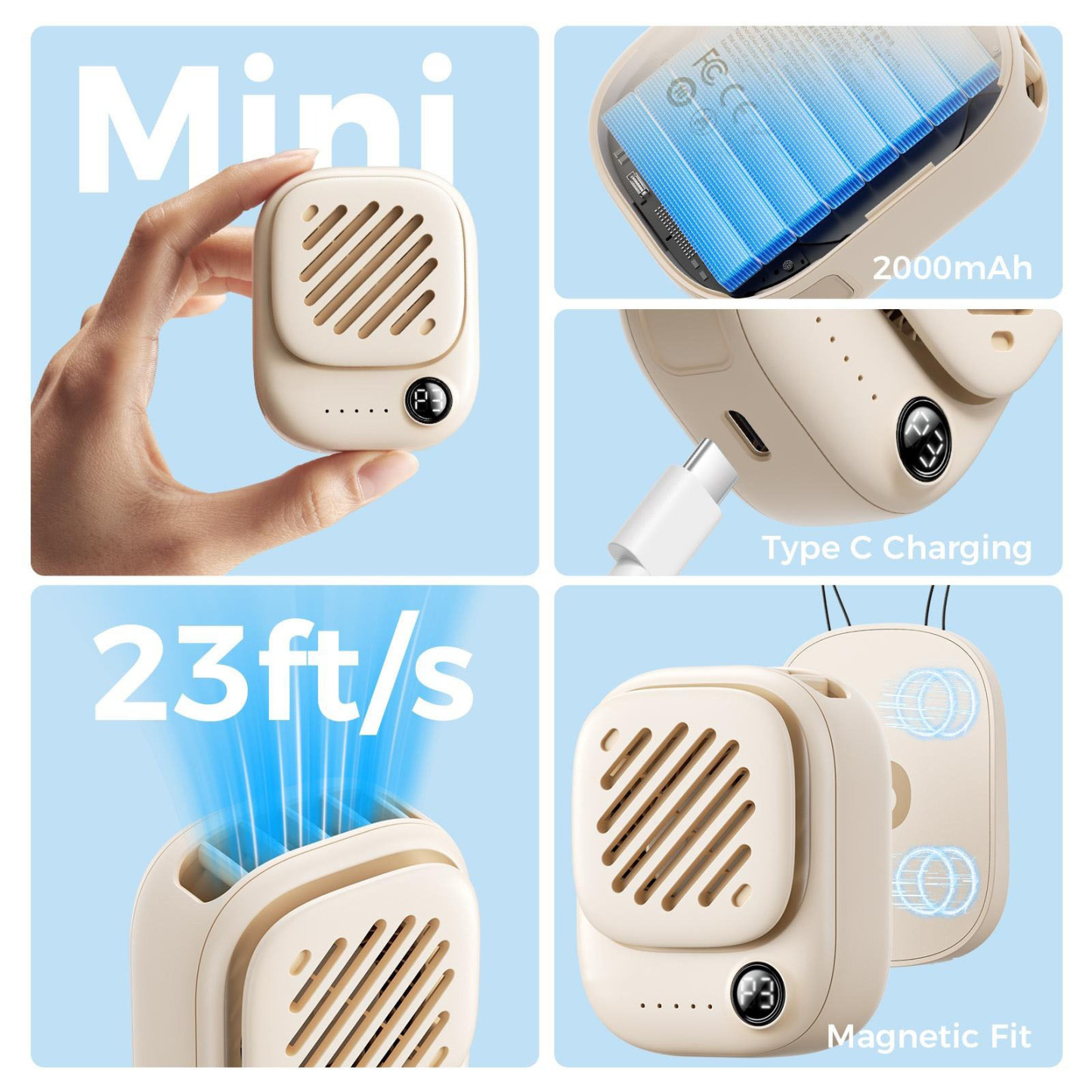 G-OUSSVE | Portable Mini Neck Fan 95g Ultra-Light & Magnetic, 10H Battery Life, 3-Speed Silent Wind, Tangle-Free Design-Summer Essential