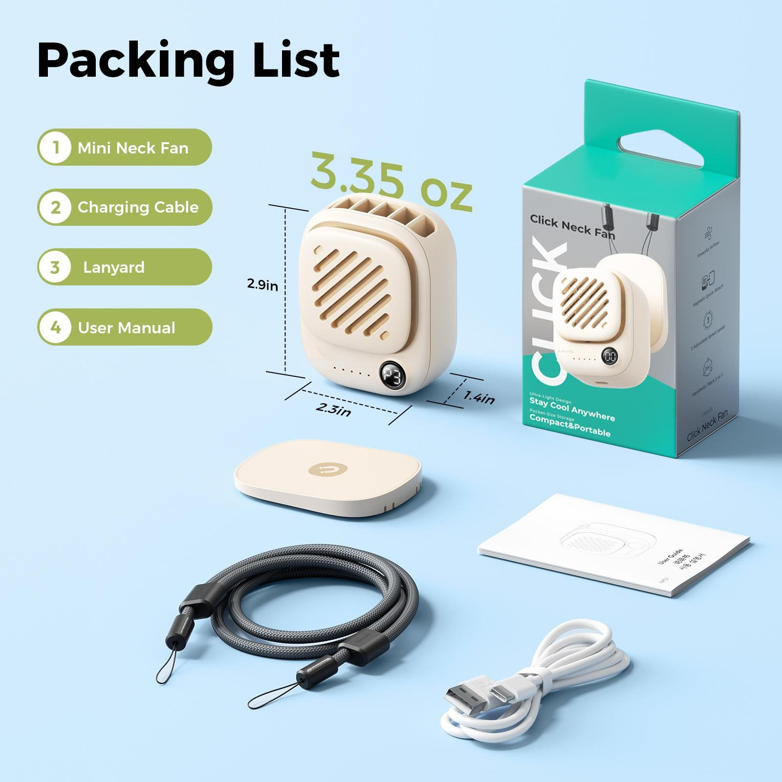 G-OUSSVE | Portable Mini Neck Fan 95g Ultra-Light & Magnetic, 10H Battery Life, 3-Speed Silent Wind, Tangle-Free Design-Summer Essential