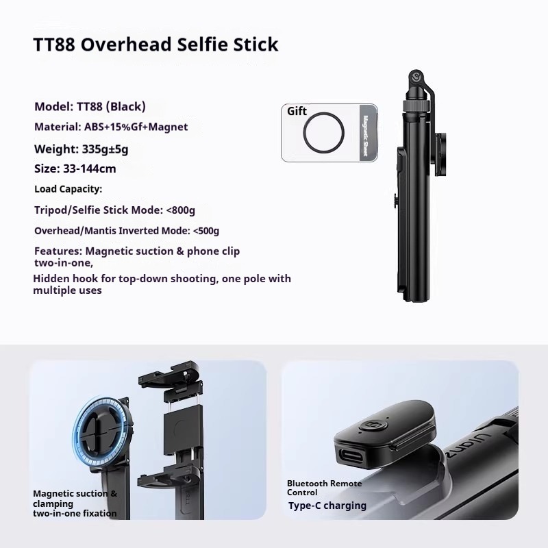 G-OUSSVE | TT88 Magnetic Tripod for iPhone 17, 57" Extendable Selfie Stick w Remote, 2-in-1 Phone Clip & Dual Cold Shoe Mounts-Lightweight Phone Tripod Stand for Vlogging, Travel, Video Recording