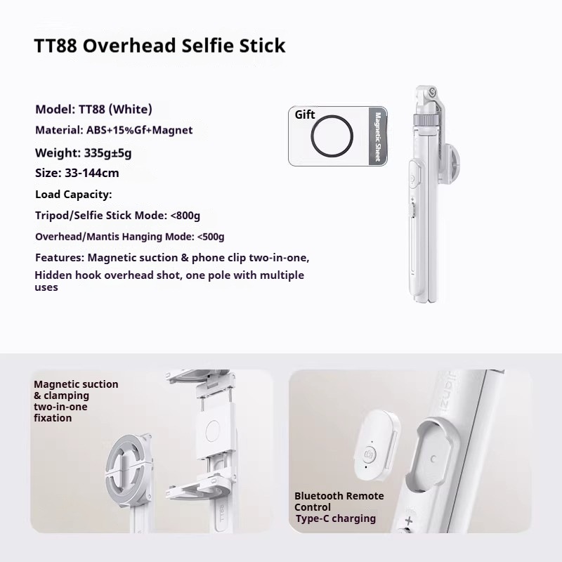 G-OUSSVE | TT88 Magnetic Tripod for iPhone 17, 57" Extendable Selfie Stick w Remote, 2-in-1 Phone Clip & Dual Cold Shoe Mounts-Lightweight Phone Tripod Stand for Vlogging, Travel, Video Recording