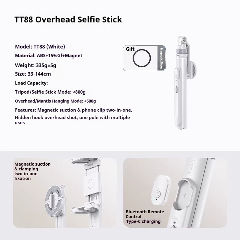 G-OUSSVE | TT88 Magnetic Tripod for iPhone 17, 57" Extendable Selfie Stick w Remote, 2-in-1 Phone Clip & Dual Cold Shoe Mounts-Lightweight Phone Tripod Stand for Vlogging, Travel, Video Recording