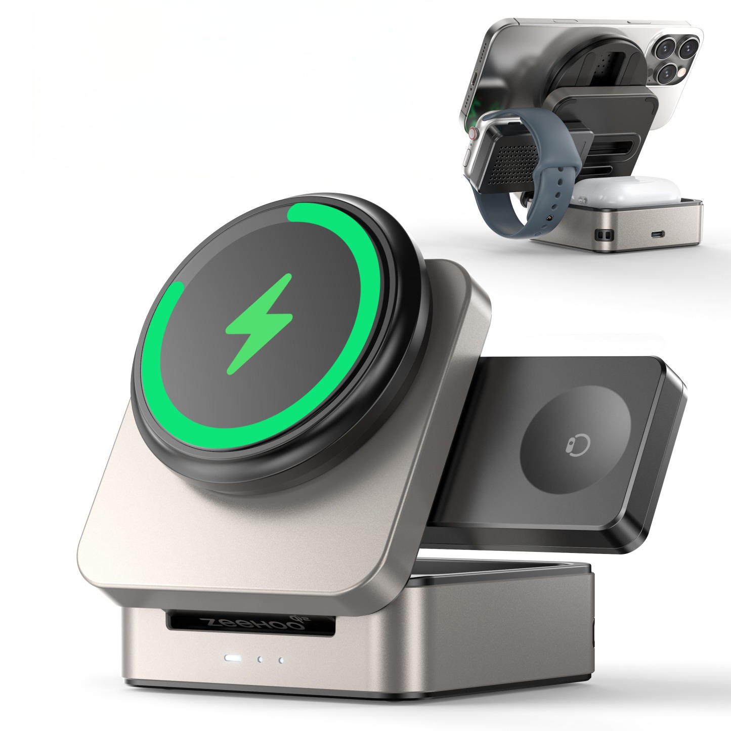 G-OUSSVE | 3-in-1 Foldable Magnetic Wireless Charging Station Qi2 Certified 15W Travel Charger Stand Dock for iPhone 17/16/15/14/13/12 Series Apple Watch AirPods