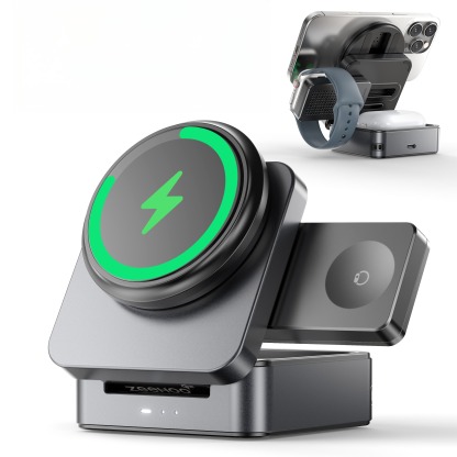G-OUSSVE | 3-in-1 Foldable Magnetic Wireless Charging Station Qi2 Certified 15W Travel Charger Stand Dock for iPhone 17/16/15/14/13/12 Series Apple Watch AirPods