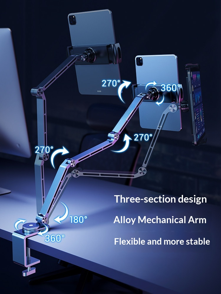 G-OUSSVE | Tablet Stand for iPad, Adjustable Aluminum Phone Holder with Magnetic Head & Plastic Clamp, 360° Rotation Bed Mount Compatible with 4-13" Devices