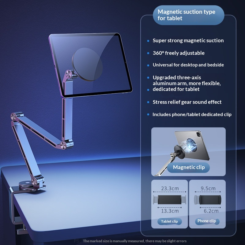 G-OUSSVE | Tablet Stand for iPad, Adjustable Aluminum Phone Holder with Magnetic Head & Plastic Clamp, 360° Rotation Bed Mount Compatible with 4-13" Devices