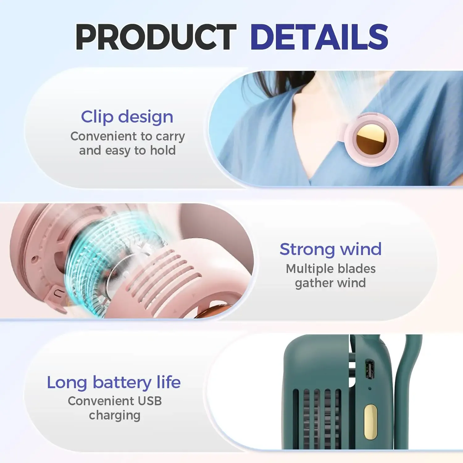 G-OUSSVE｜Portable Silent Mini Bladeless Electric Fan, Adjustable 3-Speed Suspended Collar & Waist Fans, Rechargeable Rotating Body Fan, Suitable For Outdoor & Travel & Office