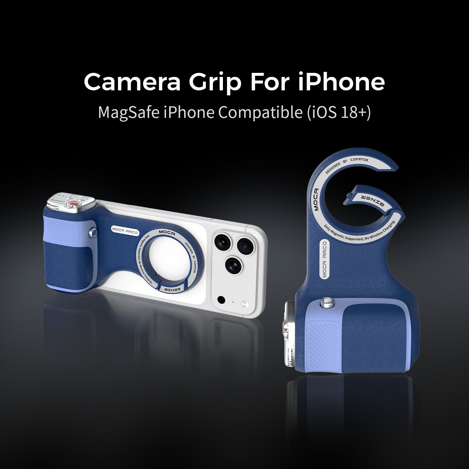 G-OUSSVE Camera Grip for iPhone, Carabiner-Shaped Grip, MagSafe-Compatible Magnetic Phone Grip with Detachable Bluetooth Remote, Type-C Charging, 20m Remote Range