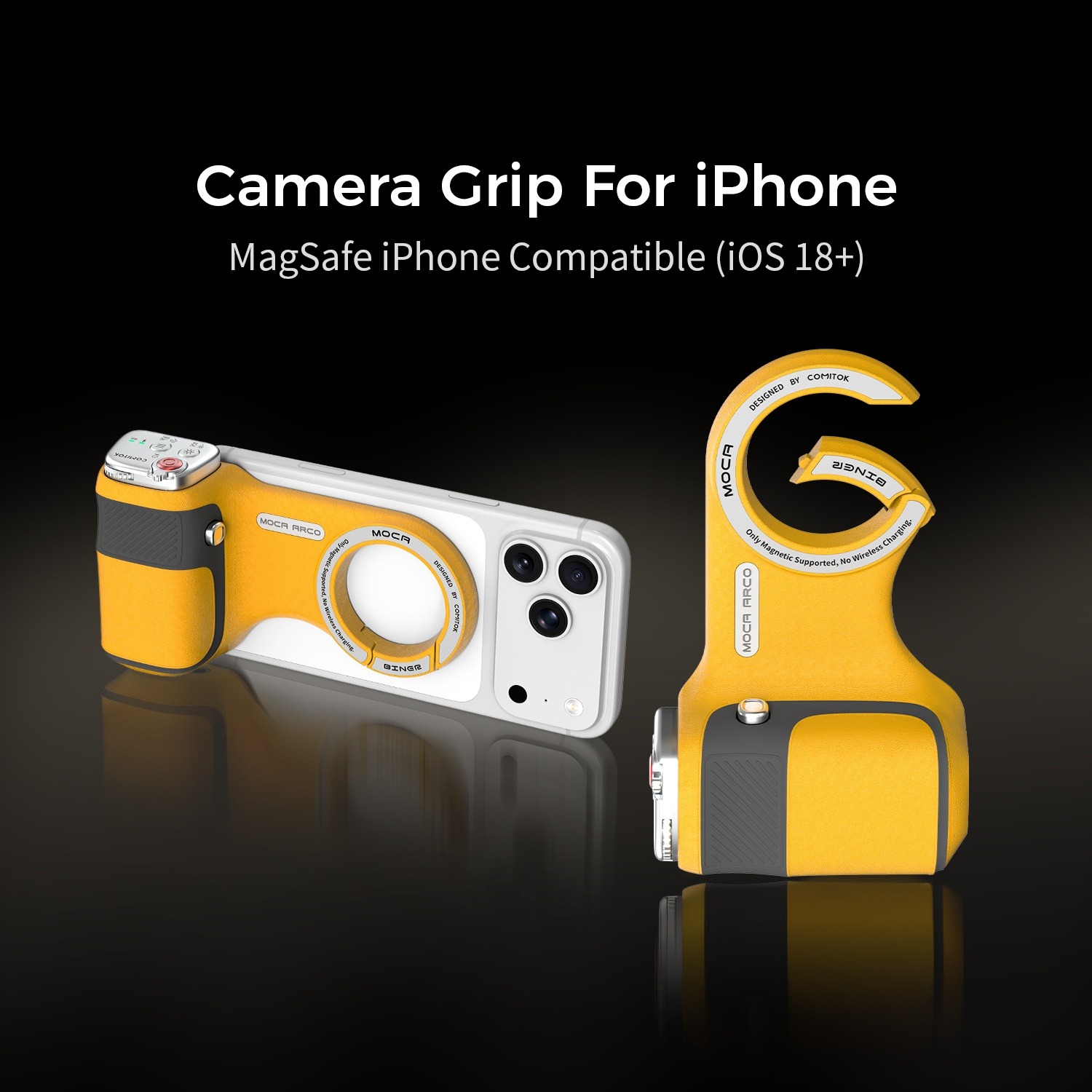 G-OUSSVE Camera Grip for iPhone, Carabiner-Shaped Grip, MagSafe-Compatible Magnetic Phone Grip with Detachable Bluetooth Remote, Type-C Charging, 20m Remote Range