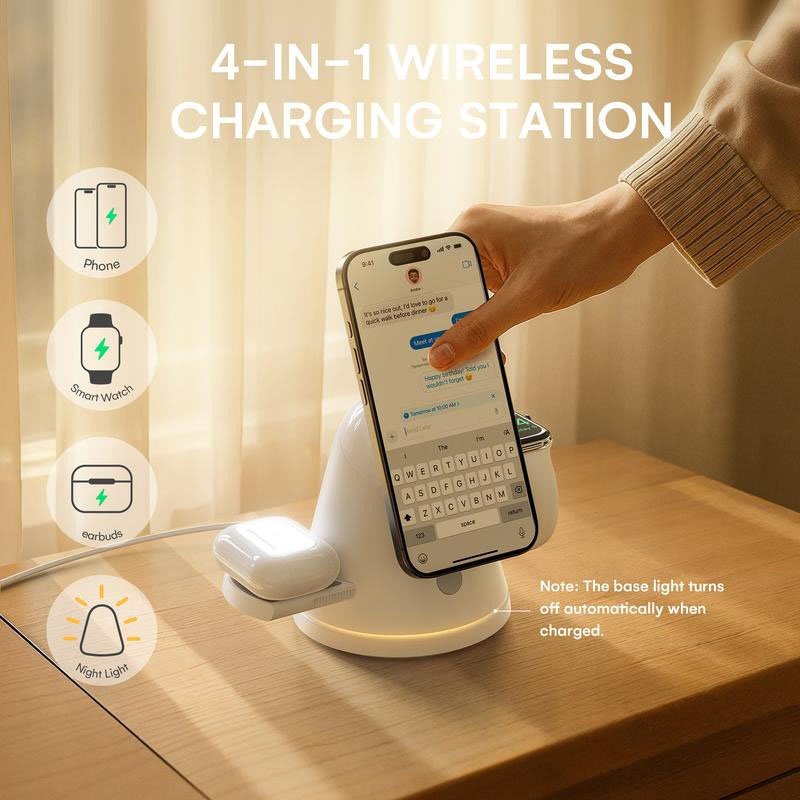 G-OUSSVE 4-in-1 Wireless Charging Station for Apple, 15W Qi2 Mag-safe Charger with Dimmable Light & 360° Rotating Phone Stand, Fast Charger for iPhone 16–12, AirPods, Apple Watch & Samsung Watch