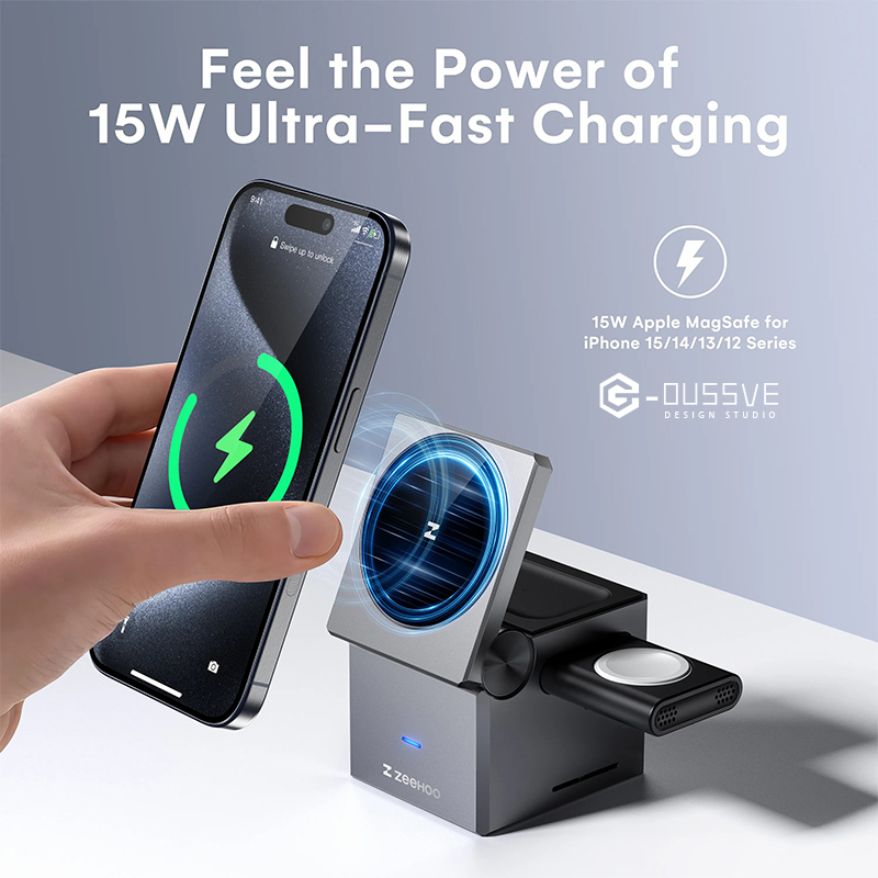 G-OUSSVE｜3 in1 Wireless Charger  MagCube, 15w Fast Charging for  iPhone 15 Pro 14 13 12 Max/Mini/Plus,for Apple Watch9 8 7 6 5 4 3 2 SE, for AirPods Pro 3 2, Compact & Portable Wireless Charging Station, Fits with Qi2 Wireless Charging Smartphone &  Earbu