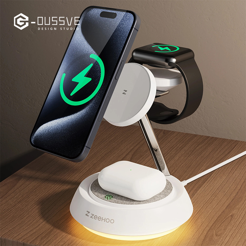 G-OUSSVE｜3 in 1 Wireless Charging Station, Wireless Charger Stand with Night Light, Fast Charging for iPhone 15 Pro 14 13 12 Max/Mini/Plus, for Apple Watch & AirPods &Earbuds,Portable Wireless Charger for Apple Series,Cellphone & Smartphpne Charger