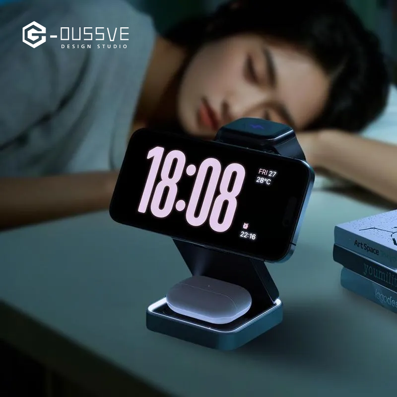 G-OUSSVE | 3 in 1 Magnetic Phone Charger Stand, 3 in 1 Foldable Fast Charging Micro Station, Travel Charger Set for Multiple Devices for iPhone 16 15 14 13 12 Series Foldable Universal smartphone charge wireless