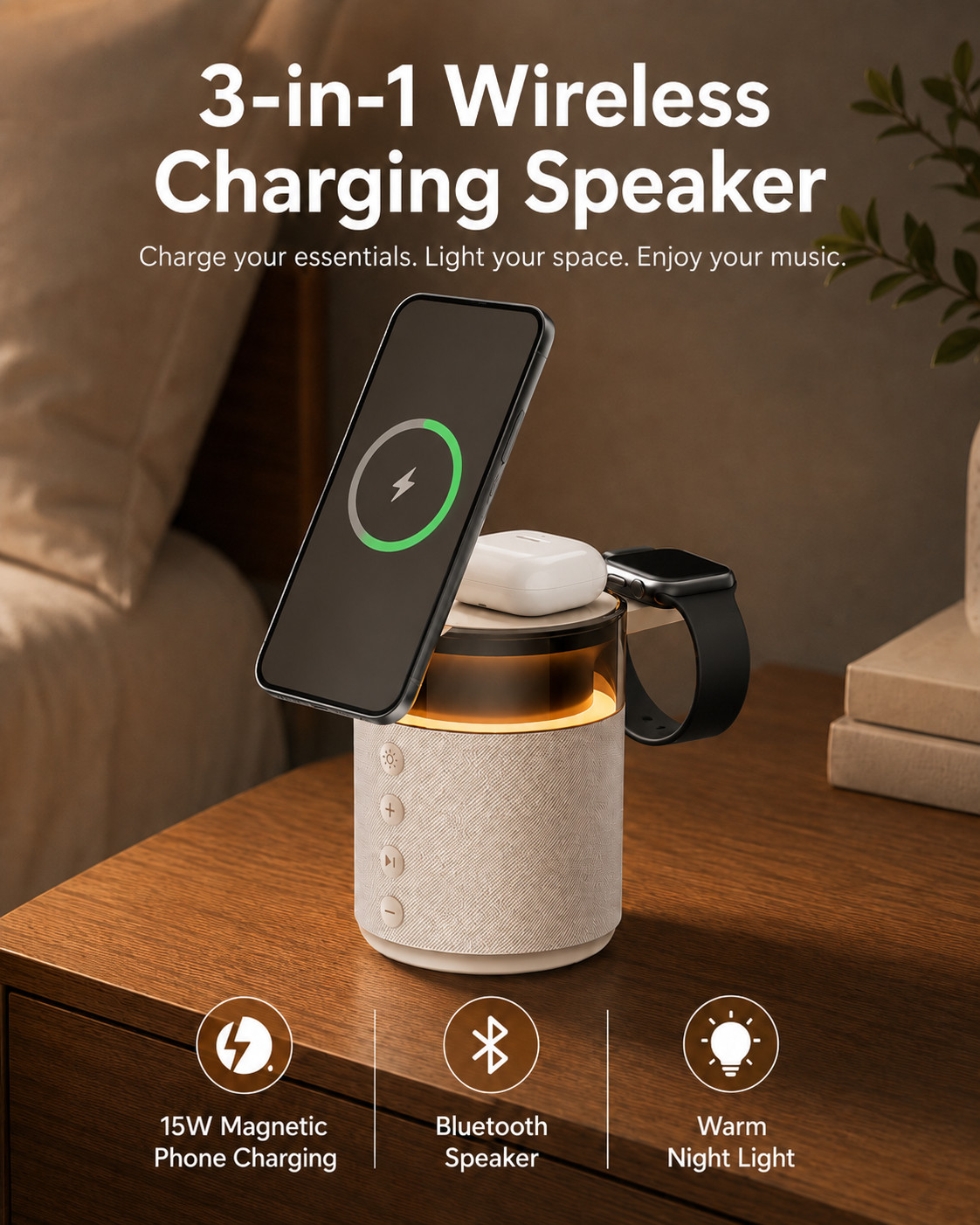 G-OUSSVE 3-in-1 Magnetic Wireless Charging Speaker, Bluetooth Speaker, 15W iPhone Charger, Warm Night Light & Device Stand