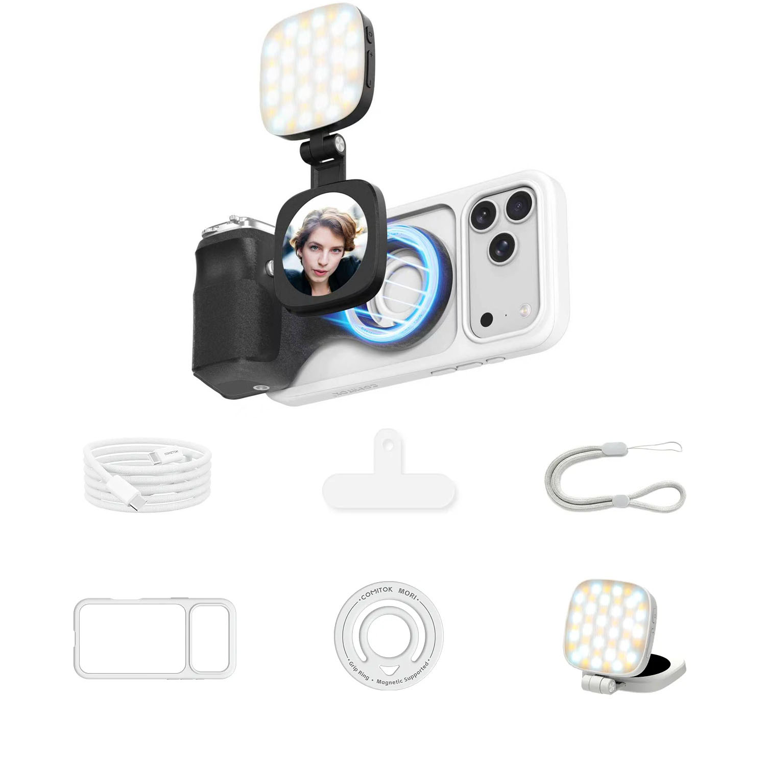 G-OUSSVE | Magnetic Handheld Grip Phone Stand Camera Assistant with LED Fill Light, Magnetic Ring and Phone Case, Compatible with iOS 26/iOS 18/iOS 17, Ergonomic Grip, One-Tap Camera, Rechargeable Remote, Ideal for Photography Enthusiasts