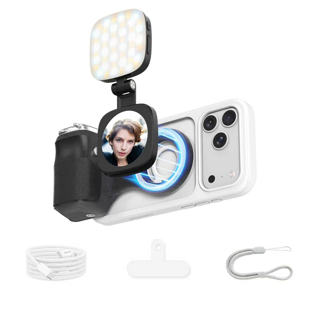 G-OUSSVE | Magnetic Handheld Grip Phone Stand Camera Assistant with LED Fill Light, Magnetic Ring and Phone Case, Compatible with iOS 26/iOS 18/iOS 17, Ergonomic Grip, One-Tap Camera, Rechargeable Remote, Ideal for Photography Enthusiasts