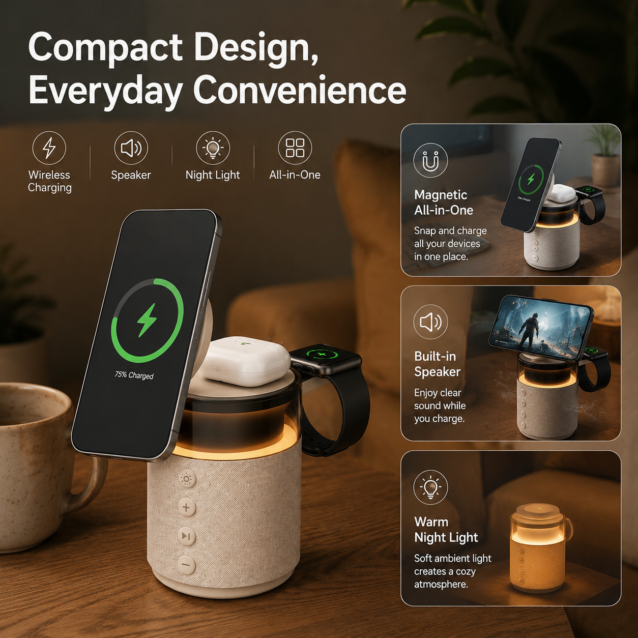G-OUSSVE 3-in-1 Magnetic Wireless Charging Speaker, Bluetooth Speaker, 15W iPhone Charger, Warm Night Light & Device Stand