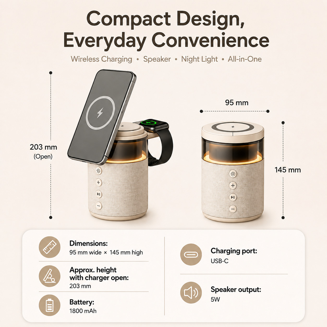 G-OUSSVE 3-in-1 Magnetic Wireless Charging Speaker, Bluetooth Speaker, 15W iPhone Charger, Warm Night Light & Device Stand