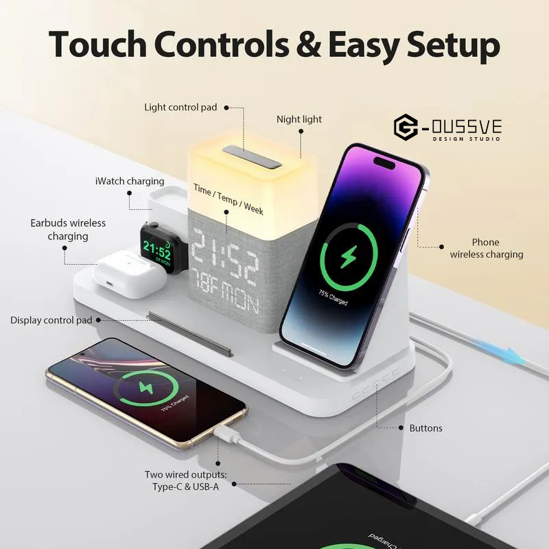 G-OUSSVE｜Wireless Charger iPhone 6 in 1 Charging Station, Charger Stand with Alarm Clock for 15/14/13/12/11 Series & AirPods & Apple Watch