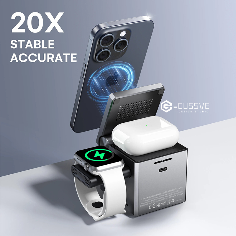 G-OUSSVE｜3 in1 Wireless Charger  MagCube, 15w Fast Charging for  iPhone 15 Pro 14 13 12 Max/Mini/Plus,for Apple Watch9 8 7 6 5 4 3 2 SE, for AirPods Pro 3 2, Compact & Portable Wireless Charging Station, Fits with Qi2 Wireless Charging Smartphone &  Earbu