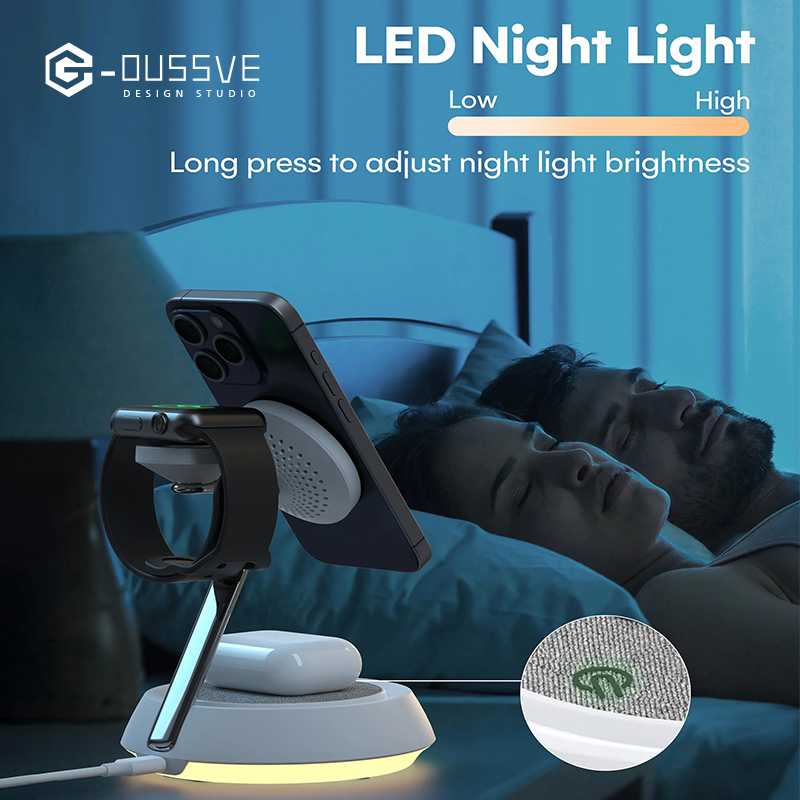 G-OUSSVE｜3 in 1 Wireless Charging Station, Wireless Charger Stand with Night Light, Fast Charging for iPhone 15 Pro 14 13 12 Max/Mini/Plus, for Apple Watch & AirPods &Earbuds,Portable Wireless Charger for Apple Series,Cellphone & Smartphpne Charger