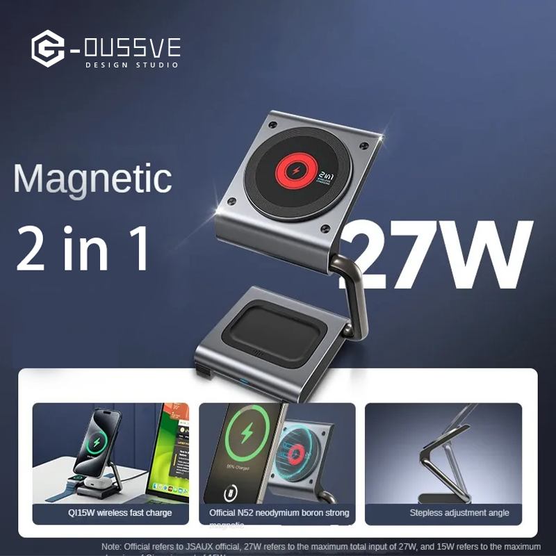 G-OUSSVE |  Magsafe Magnetic Wireless Charger Qi Folding Stand Suitable for Apple 16 iPhone 15 Pro 2-in-1 Expansion Phone Earphones Watch 3-in-1 27W Fast Charging Base Portable