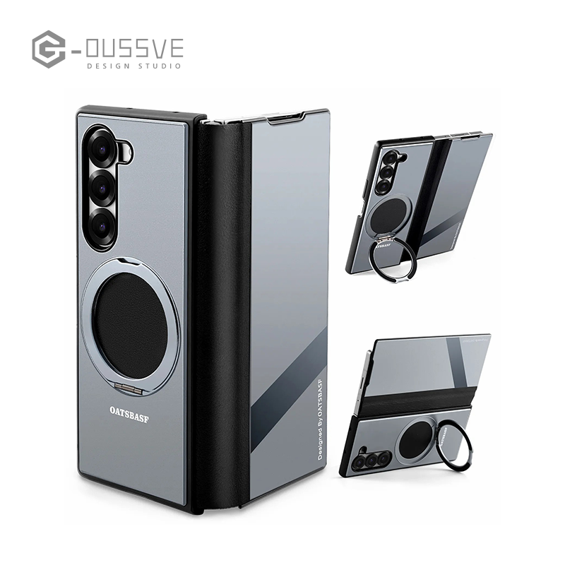 G-OUSSVE|Genuine leather metal flip phone case for Samsung Z Fold6/Fold5. Full coverage with magnetic closure and built-in stand. Premium, ultra-slim design for foldable phones – stylish and protective.