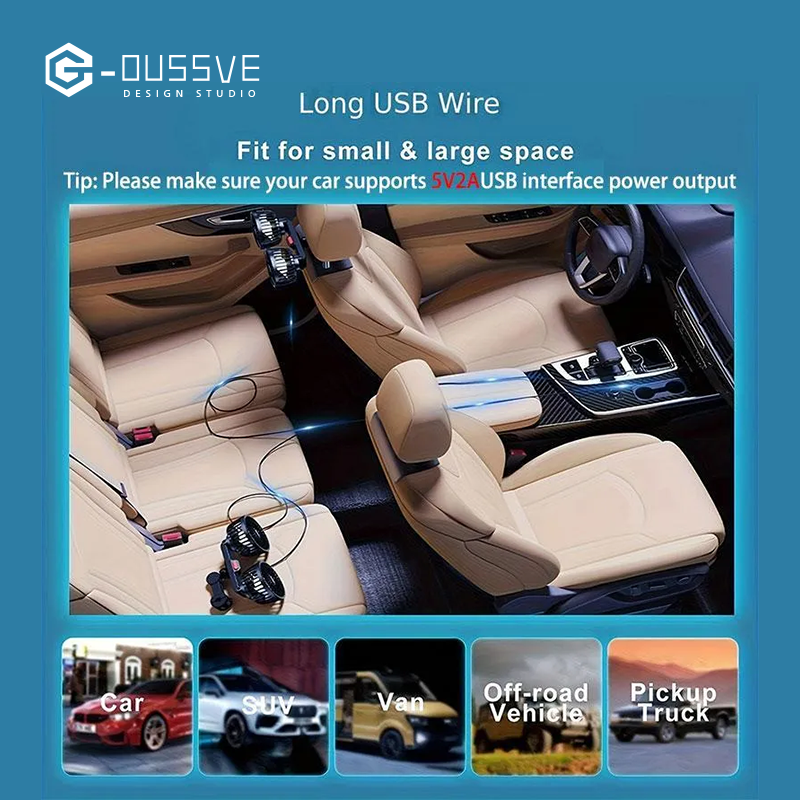 G-OUSSVE | Mother's Day Gift, Adjustable Car Backseat Fan, 1 Count Summer Essential Double-head Electric Fan with Seat Clip, Strong Wind Rear Seat Back 360 Degrees Rotation Large Air Volume Fan, Men Gifts