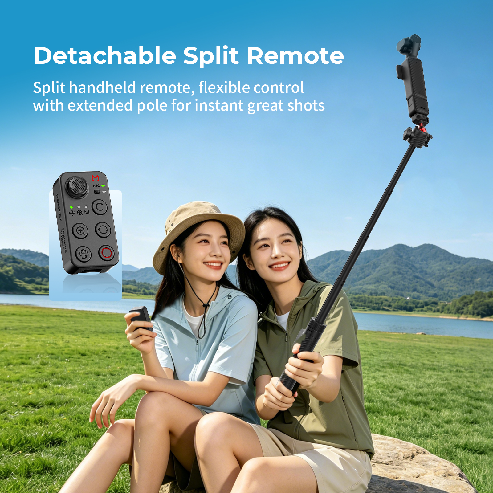 G-OUSSVE Remote-Control Selfie Stick & Tripod for Pocket and Action Cameras, 66cm Extension Pole with Detachable Remote