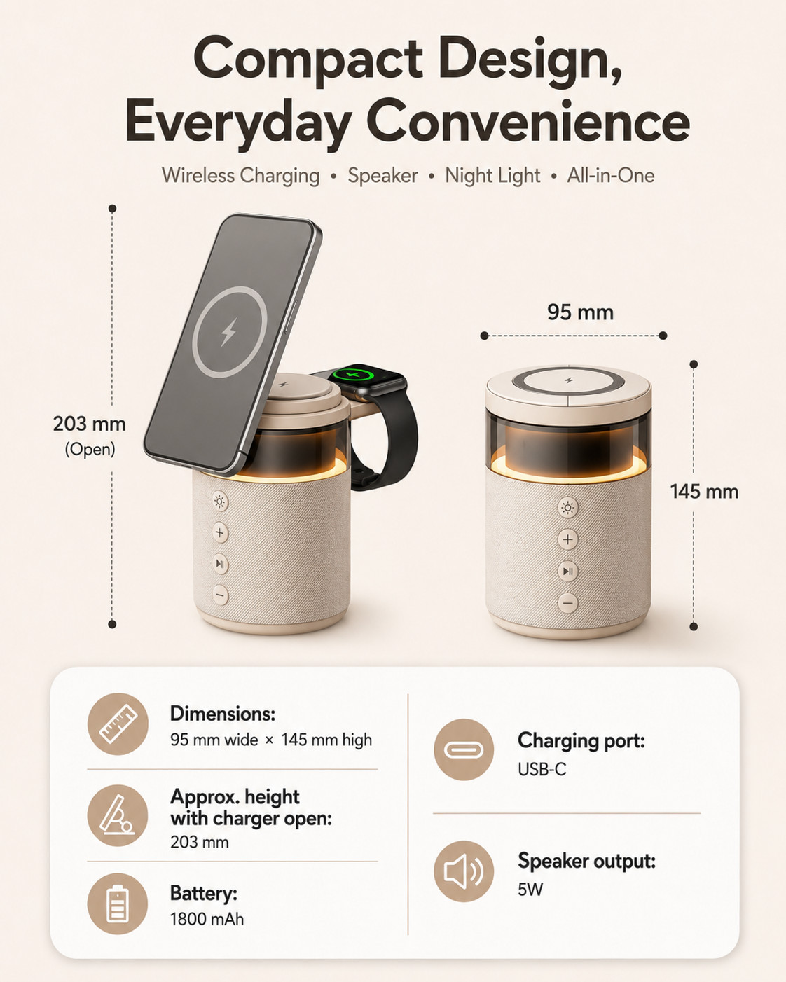 G-OUSSVE 3-in-1 Magnetic Wireless Charging Speaker, Bluetooth Speaker, 15W iPhone Charger, Warm Night Light & Device Stand