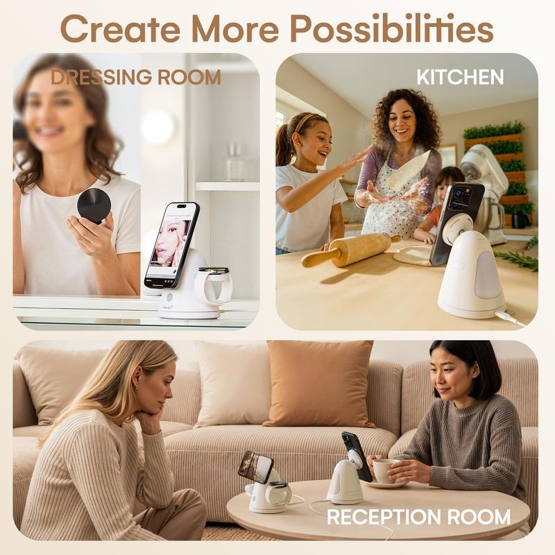 G-OUSSVE 4-in-1 Wireless Charging Station for Apple, 15W Qi2 Mag-safe Charger with Dimmable Light & 360° Rotating Phone Stand, Fast Charger for iPhone 16–12, AirPods, Apple Watch & Samsung Watch