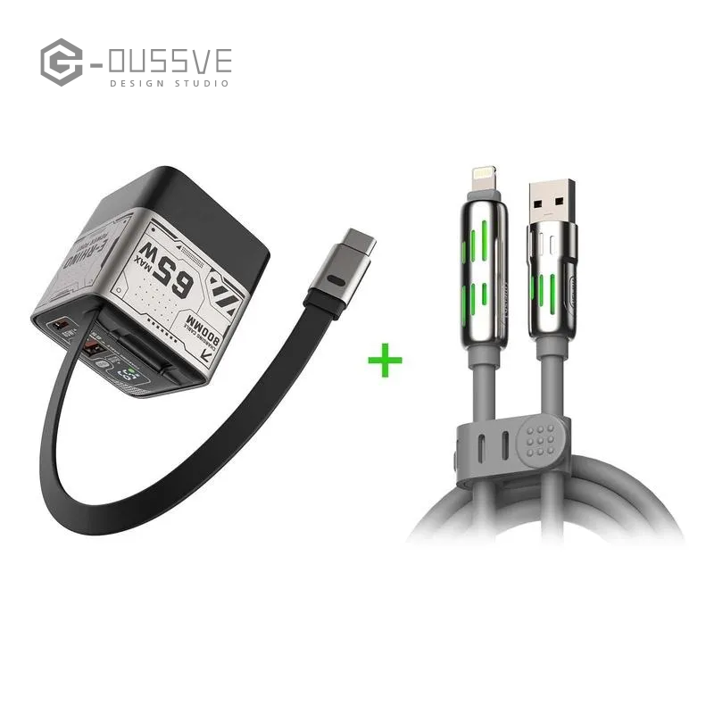 G-OUSSVE｜65W Charger Block with Retractable Type C Cable and Dual Port Travel Charger Fast  Charging for MacBook,iPhone 15/16,Galaxy Smartphone Portable