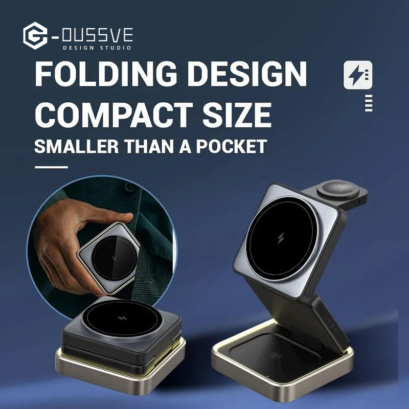 G-OUSSVE | 3 in 1 Magnetic Phone Charger Stand, 3 in 1 Foldable Fast Charging Micro Station, Travel Charger Set for Multiple Devices for iPhone 16 15 14 13 12 Series Foldable Universal smartphone charge wireless