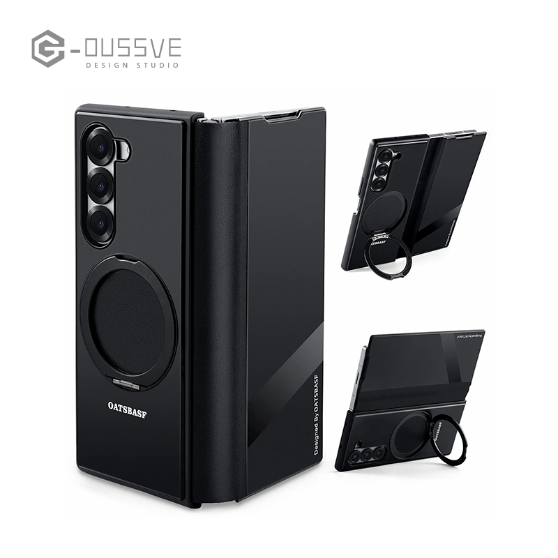 G-OUSSVE｜Genuine leather metal flip phone case for Samsung Z Fold6/Fold5. Full coverage with magnetic closure and built-in stand. Premium, ultra-slim design for foldable phones – stylish and protective.
