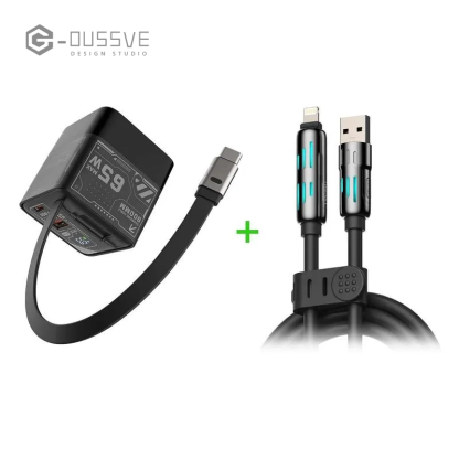 G-OUSSVE｜65W Charger Block with Retractable Type C Cable and Dual Port Travel Charger Fast  Charging for MacBook,iPhone 15/16,Galaxy Smartphone Portable