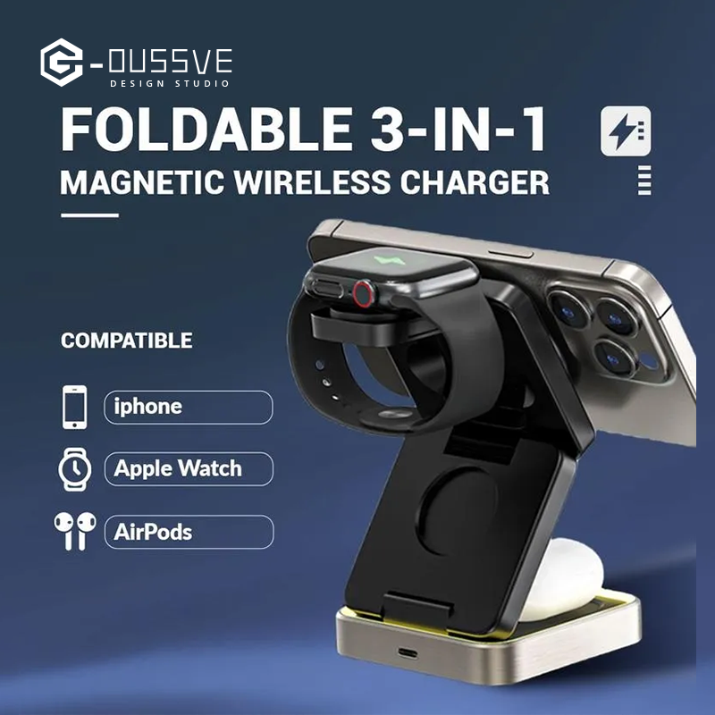 G-OUSSVE | 3 in 1 Magnetic Phone Charger Stand, 3 in 1 Foldable Fast Charging Micro Station, Travel Charger Set for Multiple Devices for iPhone 16 15 14 13 12 Series Foldable Universal smartphone charge wireless
