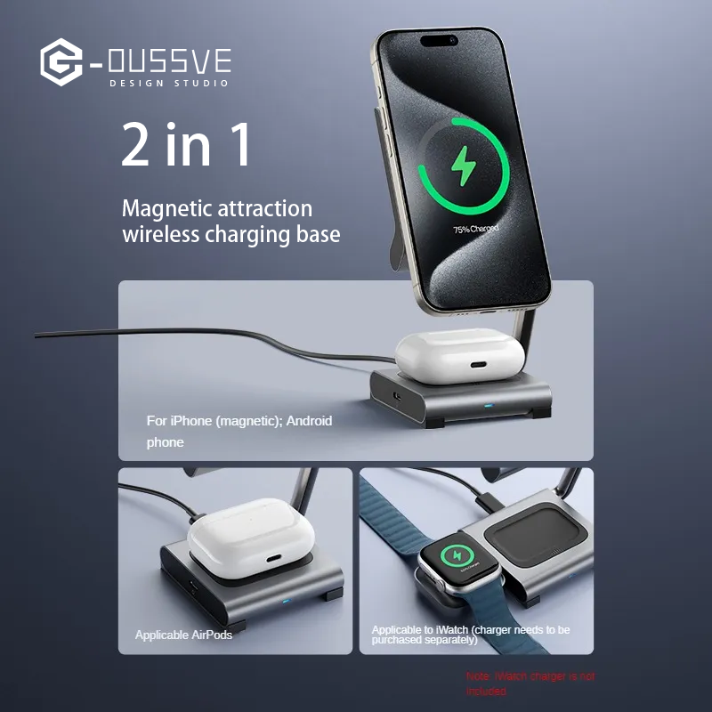 G-OUSSVE |  Magsafe Magnetic Wireless Charger Qi Folding Stand Suitable for Apple 16 iPhone 15 Pro 2-in-1 Expansion Phone Earphones Watch 3-in-1 27W Fast Charging Base Portable