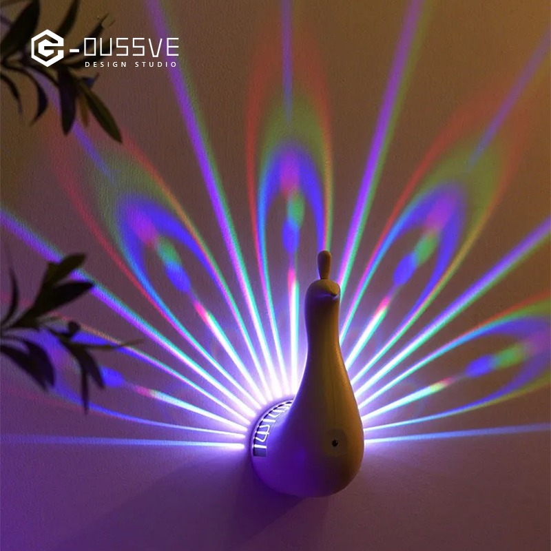 G-OUSSVE | Peacock Lamp, Peacock Wall Light, 7 Color Ambient Projection Lamp with Remote Control, USB Charging Rainbow Peacock Nightlight, LED Wall Table Decor for Home Living Room Office 