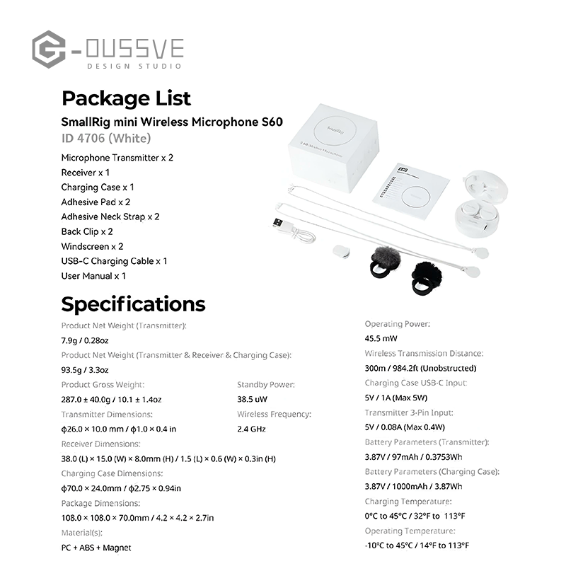 G-OUSSVE | SmallRig S60 USB-C Wireless Mic,Magnetic Clip Pro Kit for iPhone 15/16 Pro & Android,44H Studio Sound with Noise Cancelling, Crystal Clear Audio,Compact,Lightweight Design Lavalier Microphone for Vlog, Live Streaming, Content Creation 4706/4934